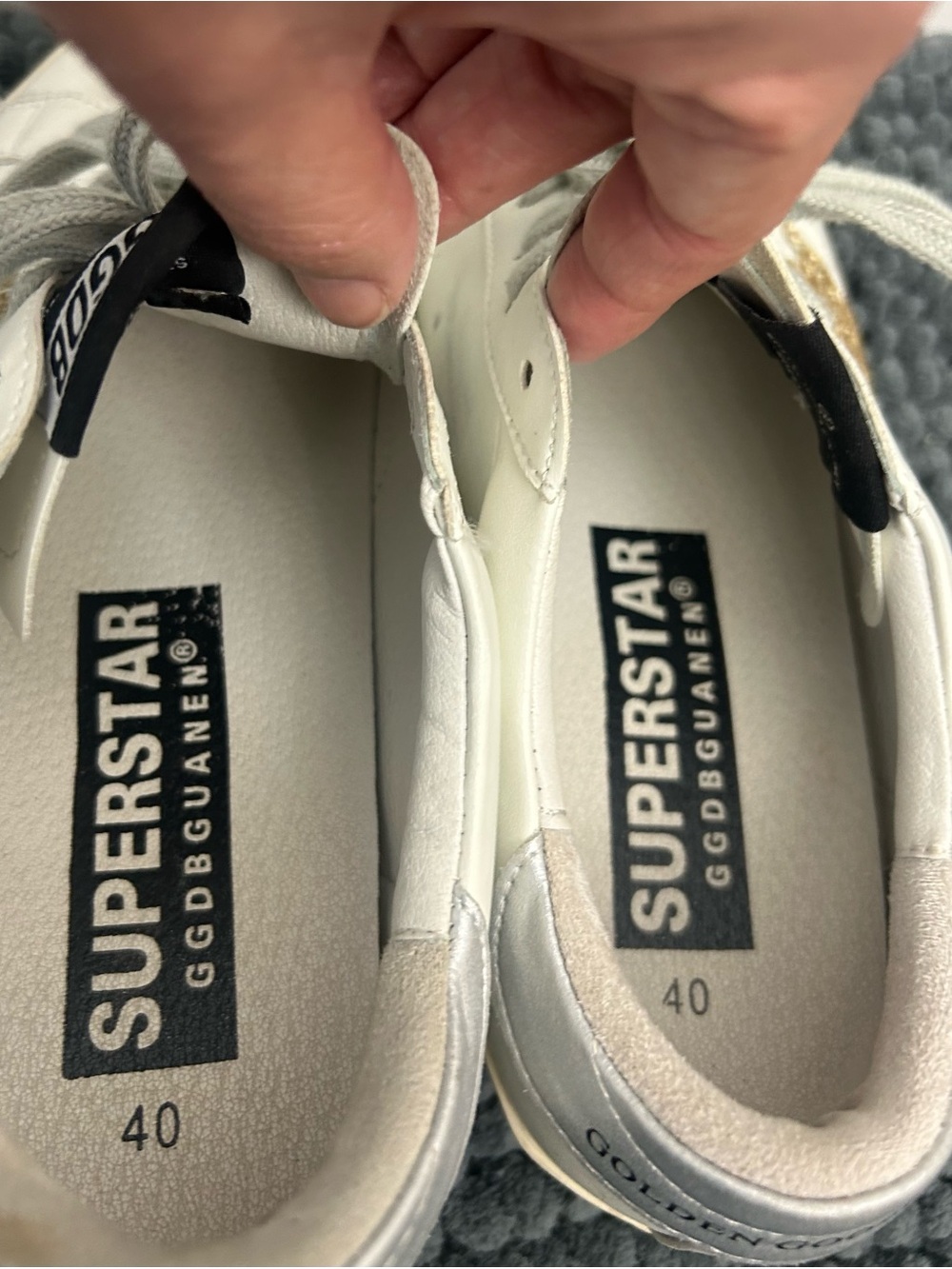 Golden Goose Gold-Accent White Leather Sneakers with Glitter Star look like